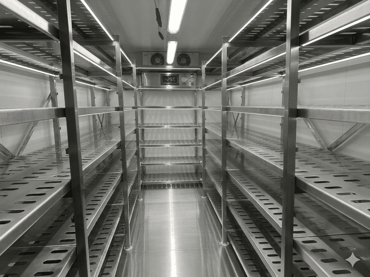 Racks de acero inoxidable en cámara de refrigeración