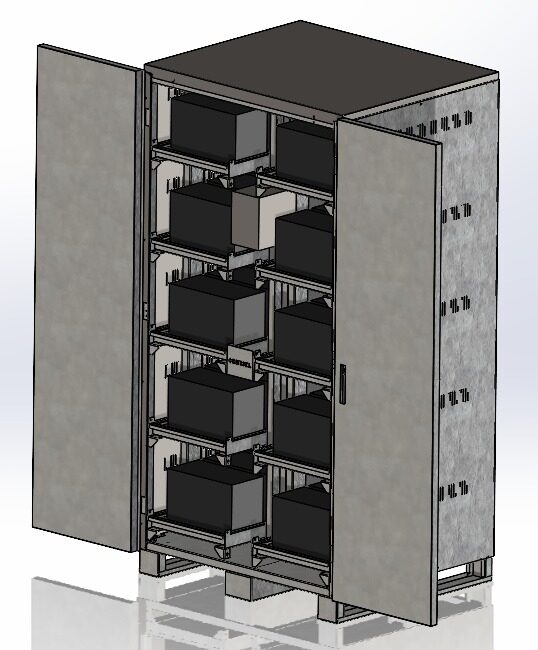 Modelado CAD 3D de gabinete metálico con charolas