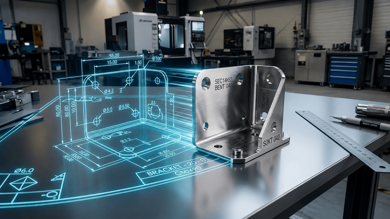 Diseño CAD de pieza metálica con producto físico al lado