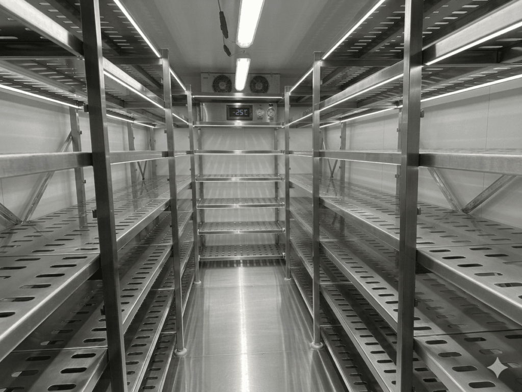 Racks de acero inoxidable en cámara de refrigeración